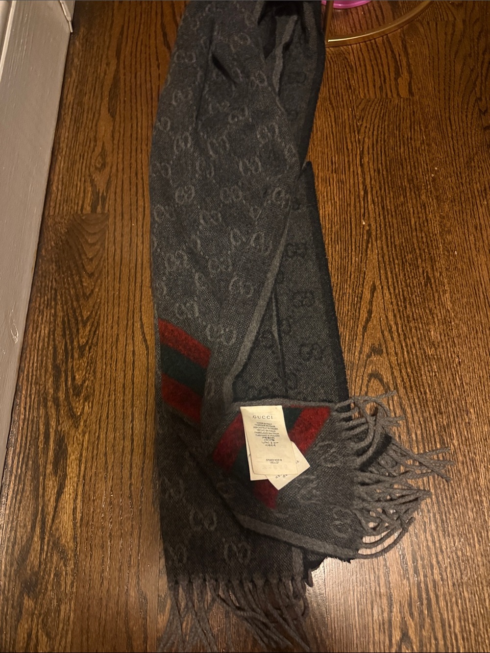 Gucci Gray GG Jacquard Scarf with Red & Green Stripe